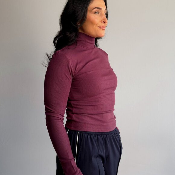 Women’s Plum Ribbed Turtleneck Top – Long Sleeve Stretch Layering Tee - Picture 3 of 8